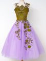 Adorable Knee Length Lace Up Court Dresses for Sweet 16 Lavender for Prom and Party and Wedding Party with Appliques