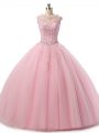 Baby Pink Sleeveless Floor Length Beading and Lace Lace Up Quinceanera Dress
