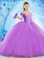 Lavender Sweet 16 Quinceanera Dress Military Ball and Sweet 16 and Quinceanera with Beading Off The Shoulder Sleeveless Brush Train Lace Up