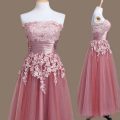 Custom Made Tea Length Empire Sleeveless Pink Quinceanera Court Dresses Lace Up