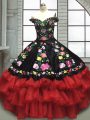 Fine Red And Black 15 Quinceanera Dress Military Ball and Sweet 16 and Quinceanera with Embroidery and Ruffled Layers Off The Shoulder Sleeveless Lace Up