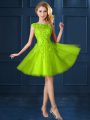 Yellow Green A-line Bateau Cap Sleeves Tulle Knee Length Lace Up Lace and Appliques Bridesmaid Dresses