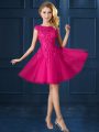 Fuchsia Lace Up Quinceanera Court of Honor Dress Lace and Belt Cap Sleeves Knee Length