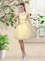 Light Yellow Sleeveless Knee Length Lace and Belt Lace Up Bridesmaid Gown