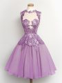 Custom Design Lilac A-line High-neck Sleeveless Chiffon Knee Length Lace Up Lace Dama Dress