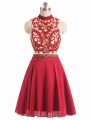 Red A-line Chiffon Halter Top Sleeveless Beading Mini Length Backless Cocktail Dresses