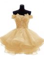 Excellent Mini Length Zipper Gold for Prom with Lace and Appliques and Ruffles