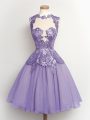 High End Sleeveless Chiffon Knee Length Lace Up Bridesmaid Gown in Lilac with Lace