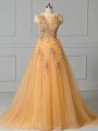 Gold Lace Up Scoop Appliques and Pattern Prom Dresses Tulle Sleeveless Brush Train