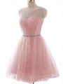 Ideal Pink A-line Scoop Sleeveless Tulle Mini Length Lace Up Beading and Ruching Homecoming Dress
