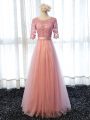Pink Half Sleeves Floor Length Lace Lace Up Dama Dress