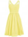 Luxurious Sleeveless Chiffon Knee Length Side Zipper Wedding Party Dress in Yellow with Lace and Ruching