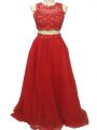 High End Red Two Pieces Scoop Sleeveless Tulle Sweep Train Zipper Beading and Appliques Military Ball Gowns
