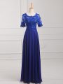 Half Sleeves Floor Length Lace and Appliques Zipper Mother Of The Bride Dress with Royal Blue
