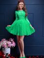 Scalloped 3 4 Length Sleeve Bridesmaid Gown Mini Length Beading and Lace and Appliques Apple Green Chiffon
