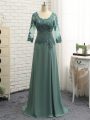 Modest Floor Length Green Mother Of The Bride Dress Chiffon Long Sleeves Lace and Appliques and Ruching