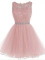 Pink Organza Zipper Scoop Sleeveless Mini Length Prom Evening Gown Beading and Lace and Appliques