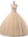 Modern Floor Length Champagne Sweet 16 Quinceanera Dress Tulle Sleeveless Beading and Lace