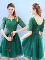 Hot Sale Green Half Sleeves Lace Knee Length Court Dresses for Sweet 16
