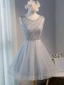 Elegant Grey A-line Scoop Sleeveless Tulle Mini Length Lace Up Beading Evening Dress