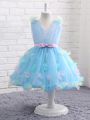 Sleeveless Knee Length Appliques and Hand Made Flower Zipper Pageant Gowns For Girls with Baby Blue