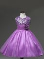 Elegant Sleeveless Tulle Knee Length Zipper Pageant Gowns For Girls in Lilac with Sequins and Hand Made Flower