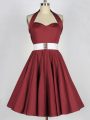 Delicate Burgundy Taffeta Lace Up Quinceanera Dama Dress Sleeveless Knee Length Belt