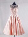 Super Scoop Sleeveless Knee Length Beading and Appliques Pink Taffeta