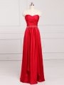 Graceful Sweetheart Sleeveless Bridesmaid Dress Floor Length Beading and Belt Red Taffeta