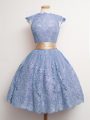 Vintage Blue Ball Gowns Belt Bridesmaid Dresses Lace Up Lace Cap Sleeves Knee Length