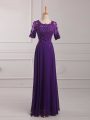 Purple Mother Of The Bride Dress Prom and Military Ball with Lace and Appliques Scoop Half Sleeves Zipper