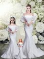 Suitable White Lace Up Quinceanera Dresses Lace 3 4 Length Sleeve Brush Train