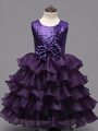 Dark Purple Ball Gowns Organza Scoop Sleeveless Ruffled Layers and Sequins Tea Length Zipper Child Pageant Dress