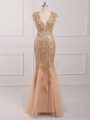 Custom Made Champagne Mermaid Tulle V-neck Cap Sleeves Beading Backless Teens Party Dress
