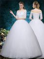 Floor Length White Wedding Dress Scalloped Half Sleeves Lace Up