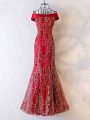 Wine Red Mermaid Chiffon Off The Shoulder Sleeveless Beading Floor Length Lace Up Evening Dress