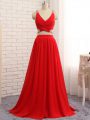 Luxurious Red Party Dress for Girls Chiffon Brush Train Sleeveless Beading