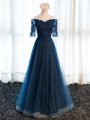 Tulle V-neck Half Sleeves Lace Up Beading and Lace and Appliques Mother Of The Bride Dress in Navy Blue