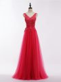 Sleeveless Floor Length Lace and Appliques Backless Evening Dresses with Coral Red