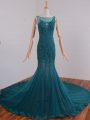 Customized Court Train Mermaid Celebrity Dress Teal Scoop Tulle Sleeveless Zipper