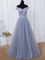 Lavender Lace Up Off The Shoulder Ruching and Belt Prom Dresses Tulle Sleeveless