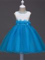 Customized Baby Blue Ball Gowns Scoop Sleeveless Tulle Knee Length Zipper Lace and Hand Made Flower Little Girl Pageant Gowns