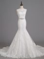 White Mermaid Beading and Lace Wedding Dresses Lace Up Tulle Sleeveless