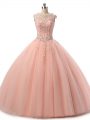 Pretty Peach Lace Up Scoop Beading and Lace Quinceanera Dress Tulle Sleeveless