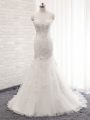Inexpensive White V-neck Clasp Handle Lace Wedding Dress Brush Train Sleeveless