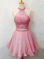 Charming Pink Sleeveless Organza Lace Up Bridesmaid Dress for Prom and Party and Wedding Party