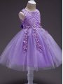Lavender Ball Gowns Lace and Belt Girls Pageant Dresses Zipper Tulle Sleeveless Knee Length