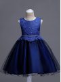 Lace Little Girl Pageant Gowns Navy Blue Zipper Sleeveless Knee Length