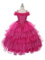 Floor Length Lace Up Little Girls Pageant Dress Fuchsia for Wedding Party with Ruffles and Ruffled Layers