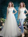 Scoop Half Sleeves Brush Train Zipper Wedding Dresses White Tulle